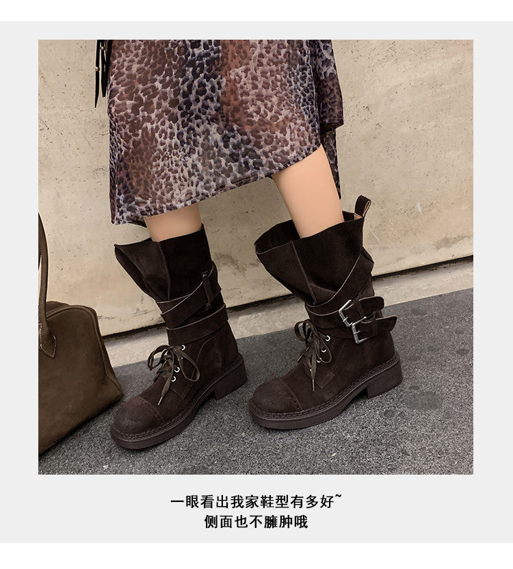 Karin Luna Bestseller Hot-Selling Large Tube Leather Belt Buckle Round Toe Thick-Soled Short Boots