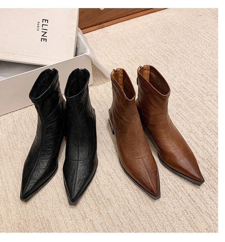 Karin Luna Elegant Style Pointed Toe Chunky Heel Short Boots