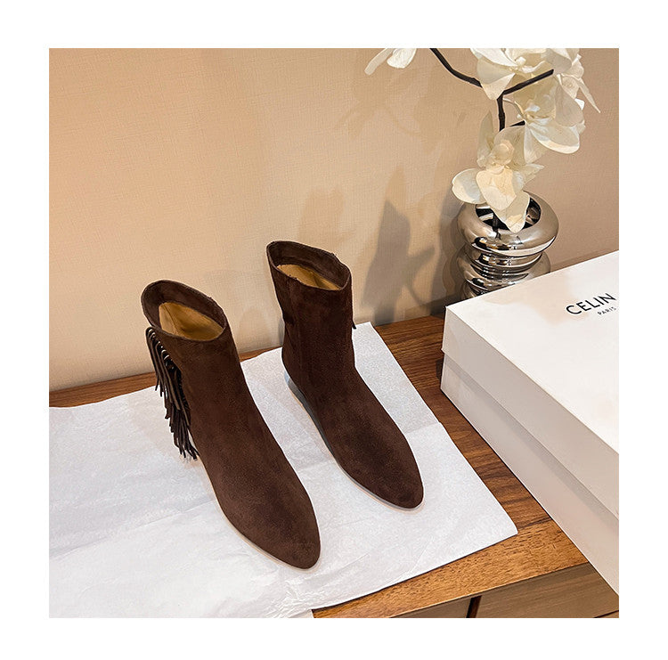 Karin Luna In Stock Spot Goods Tassel Square Toe Hidden Wedge Short Boots