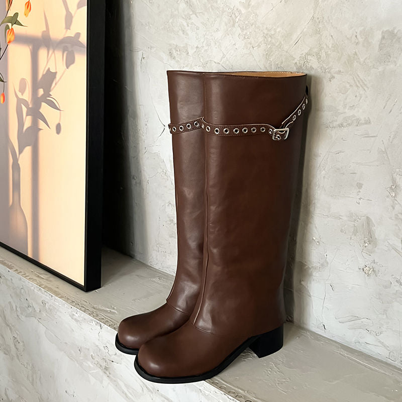 Karin Luna In Stock Spot Goods Belt Buckle Color-Washed Casual Thick-Soled Bootcut Pants Boots