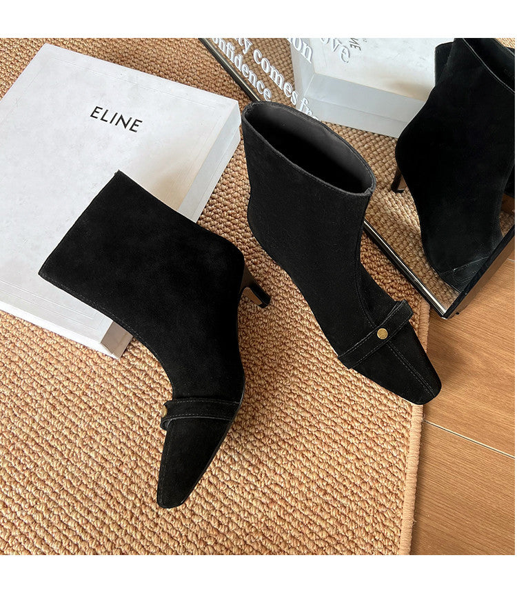 Karin Luna Elegant Style Small Square Toe Belt Buckle Thin Heel Short Boots