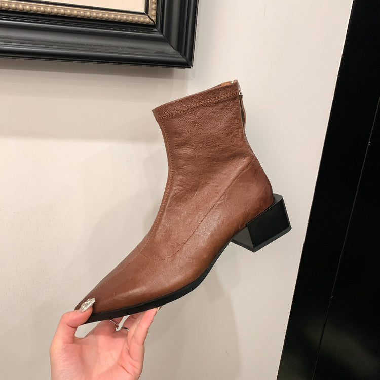 Karin Luna Elegant Style Pointed Toe Chunky Heel Short Boots
