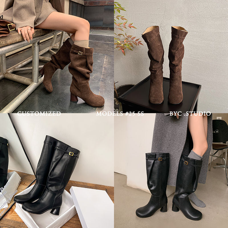 Karin Luna In Stock In Stock Mango Head Large Tube Belt Buckle Chunky Heel Long Boots