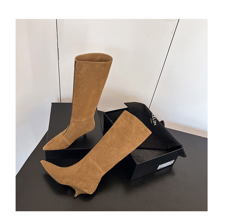 Karin Luna In Stock Spot Goods Retro Cowhide Pointed Toe Stiletto Elegant Long Boots