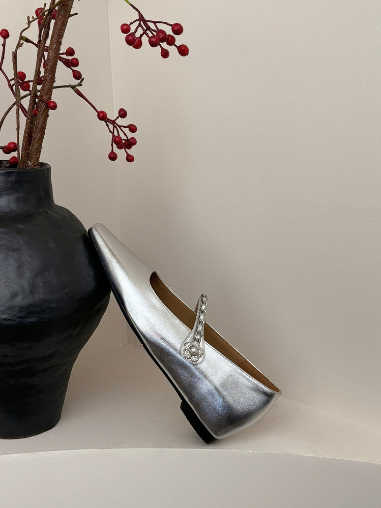 Karin Luna In Stock In Stock ~Metal One-Strap Pearl Small Square Toe Height-Increasing Flats