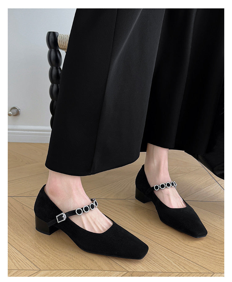 Karin Luna In Stock Spot Goods  Vintage Full Leather Square Toe Rhinestone Strap Shallow Mouth Single Shoes