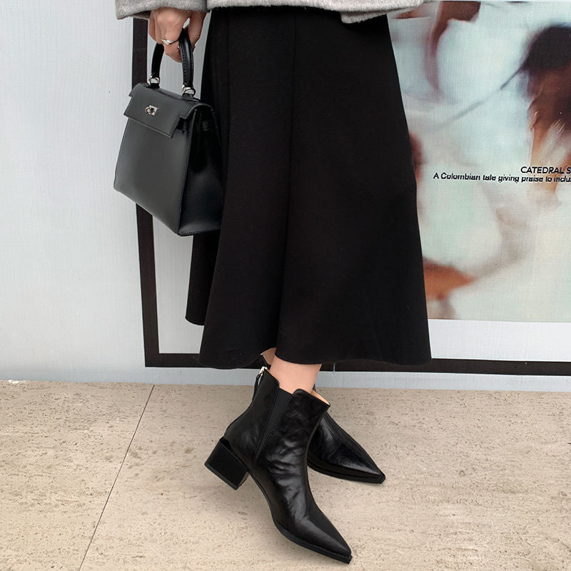 Karin Luna In Stock Spot Goods Elegant Stretch Fabric Patchwork Pointed Toe Chunky Heel Short Boots