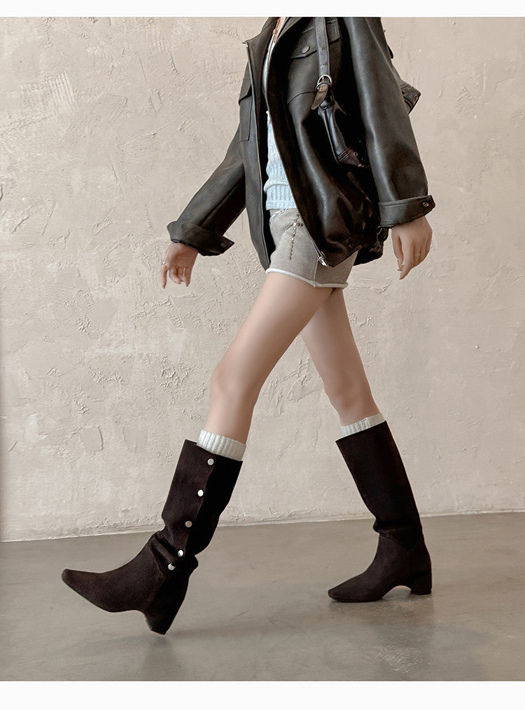Karin Luna Bestseller Hot-Selling Hidden Buckle Lazy Style Square-Toe Height-Increasing Suede Western Boots