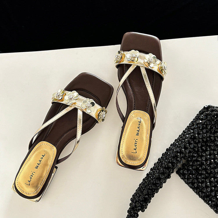 Karin Luna In Stock Spot Goods  One-Strap Sequin Floral Square-Toe Flat Slippers