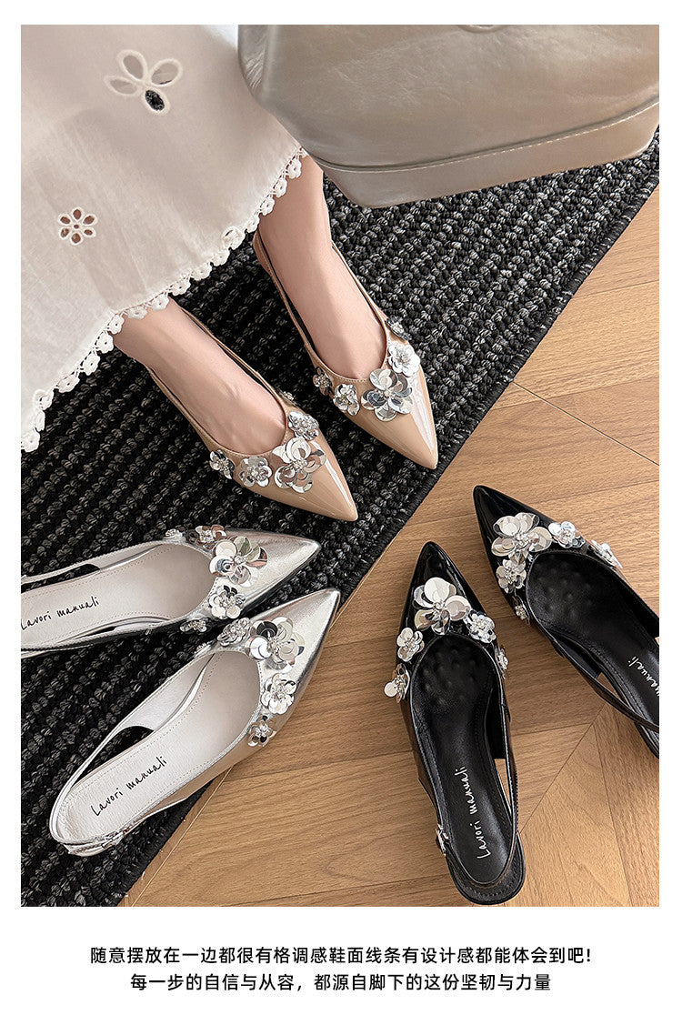 Karin Luna In Stock In Stock  Sequin Floral Pointed Toe Chunky Heel Closed-Toe Sandals