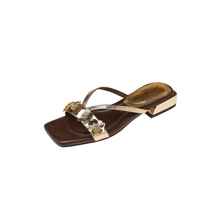 Karin Luna In Stock Spot Goods  One-Strap Sequin Floral Square-Toe Flat Slippers