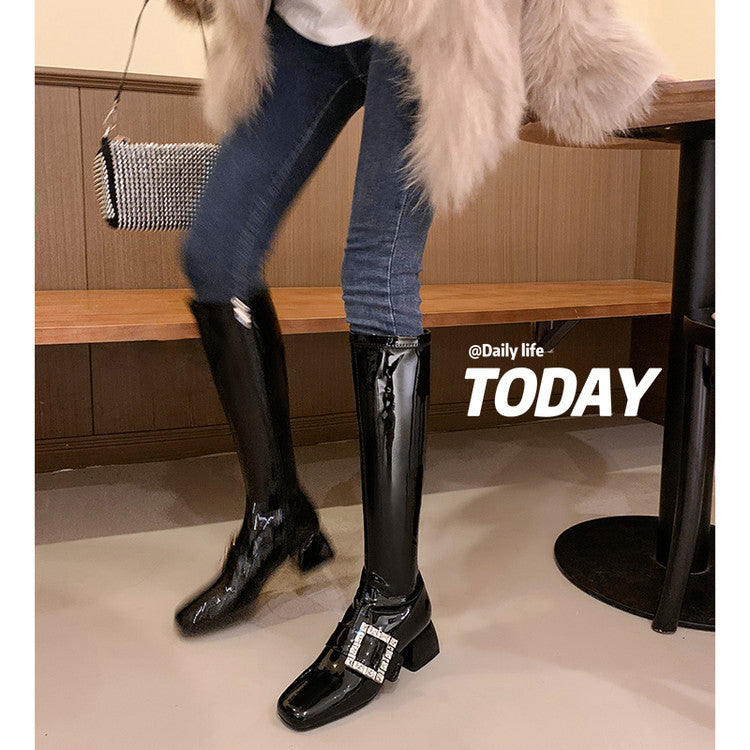 Karin Luna Elegant Style Ultra Slimming Rhinestone Chunky Heel British Style Riding Boots Long Boots