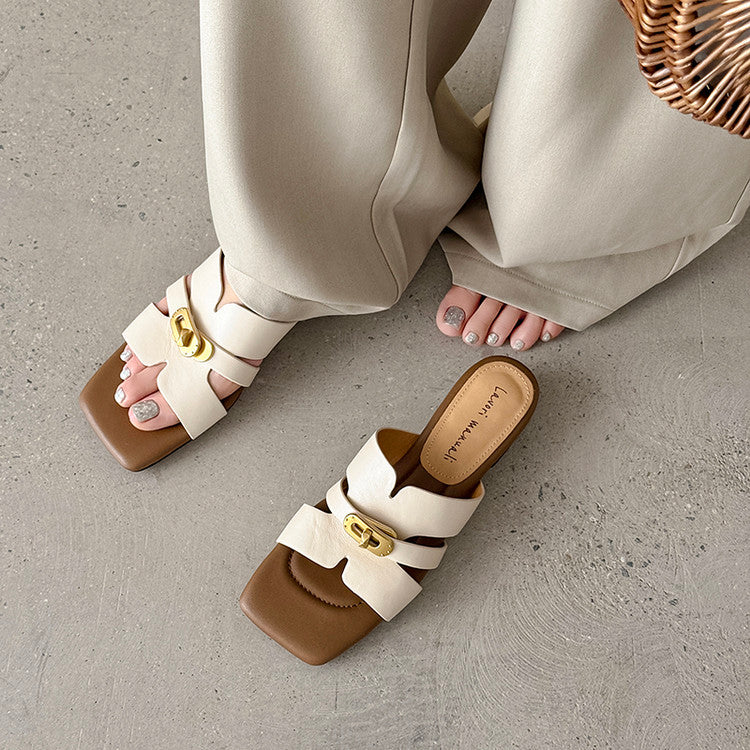 Karin Luna Comfortable Gold Buckle Square Toe Chunky Heel Casual Style Slippers