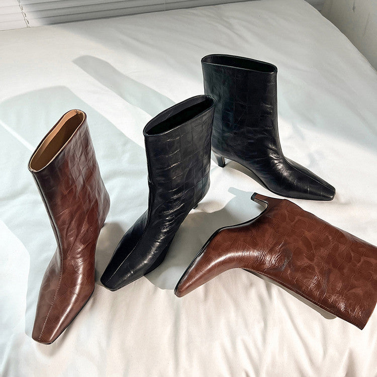 Karin Luna In Stock Spot Goods Top Layer Stone Pattern Cowhide Textured Small Square Toe Straight Short Boots