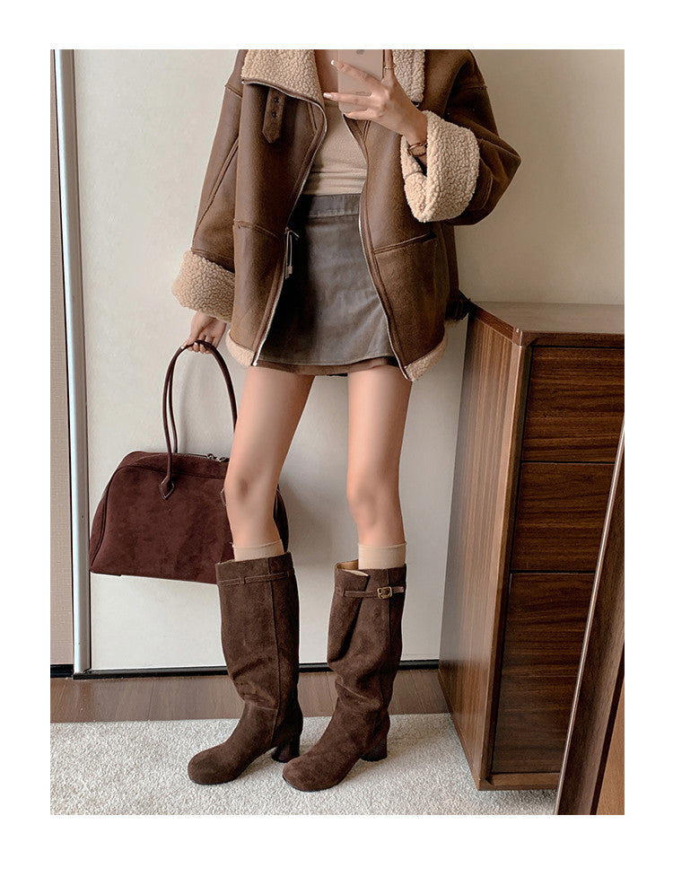 Karin Luna In Stock In Stock Mango Head Large Tube Belt Buckle Chunky Heel Long Boots