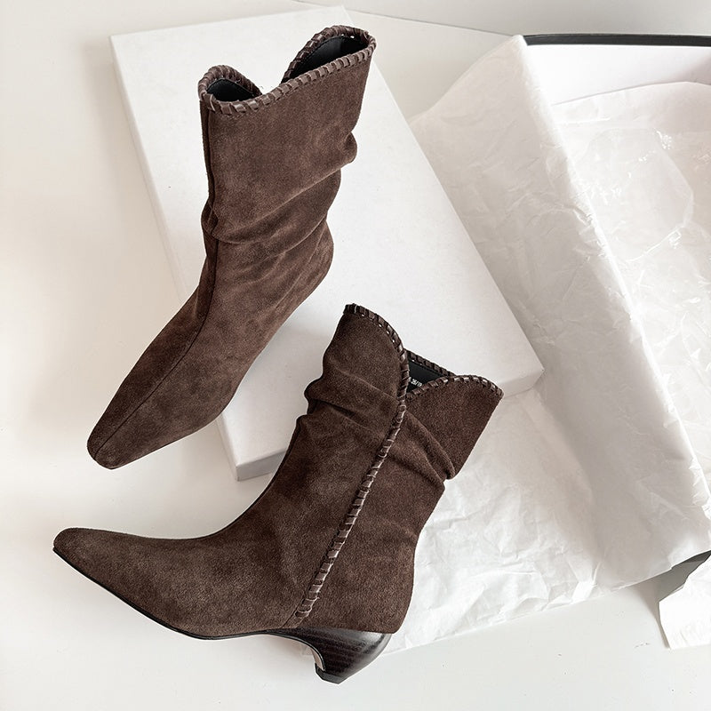 Karin Luna Small Square Toe Retro Ruched Pile Short Boots
