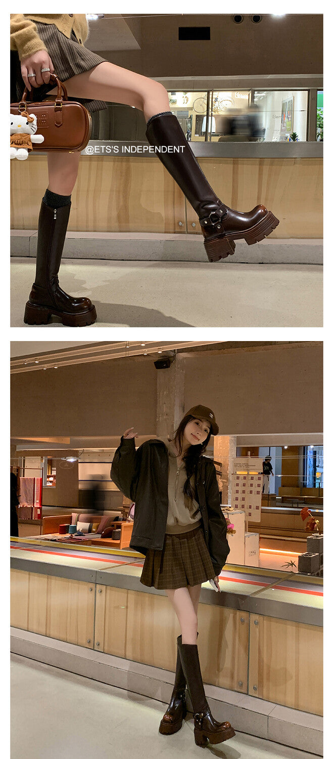 Karin Luna In Stock In Stock Slimming Diagonal Cut Tube Top  Best-selling in stock Retro Metal Buckle Thick-Soled Long Boots