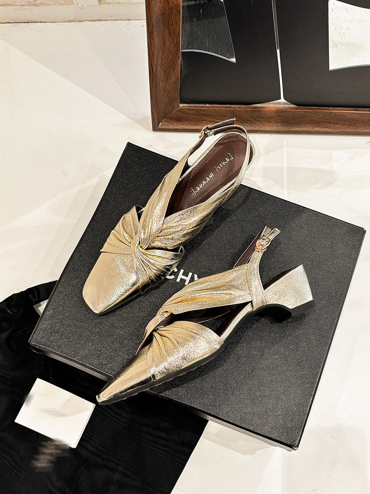 Karin Luna French Retro Wrinkled Small Square Toe Elegant Closed-Toe Sandals