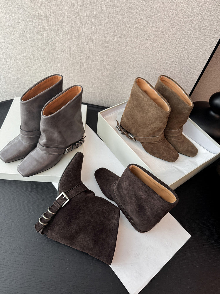 Karin Luna Data Hot Item Square Toe Hidden Wedge Belt Buckle Suede Ankle Boots