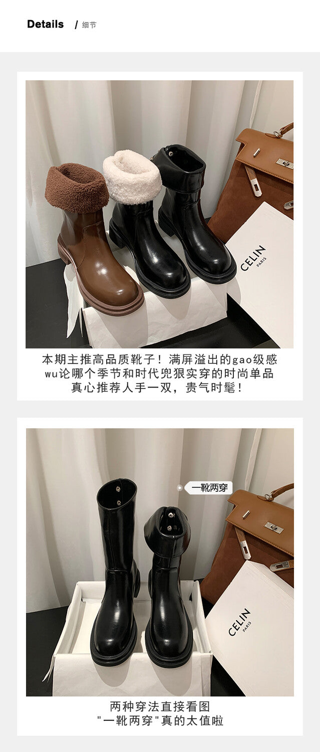 Karin Luna Classic Basic Style   Convertible Foldable Hidden Buckle Snow Fur Shoes Full cowhide Basic Flat Short Boots