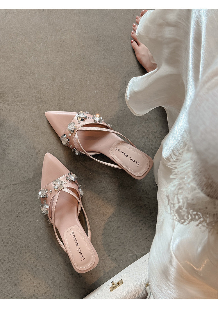 Karin Luna Bestseller Sequin Elements Elegant Pointed Toe Irregular Heel Slippers