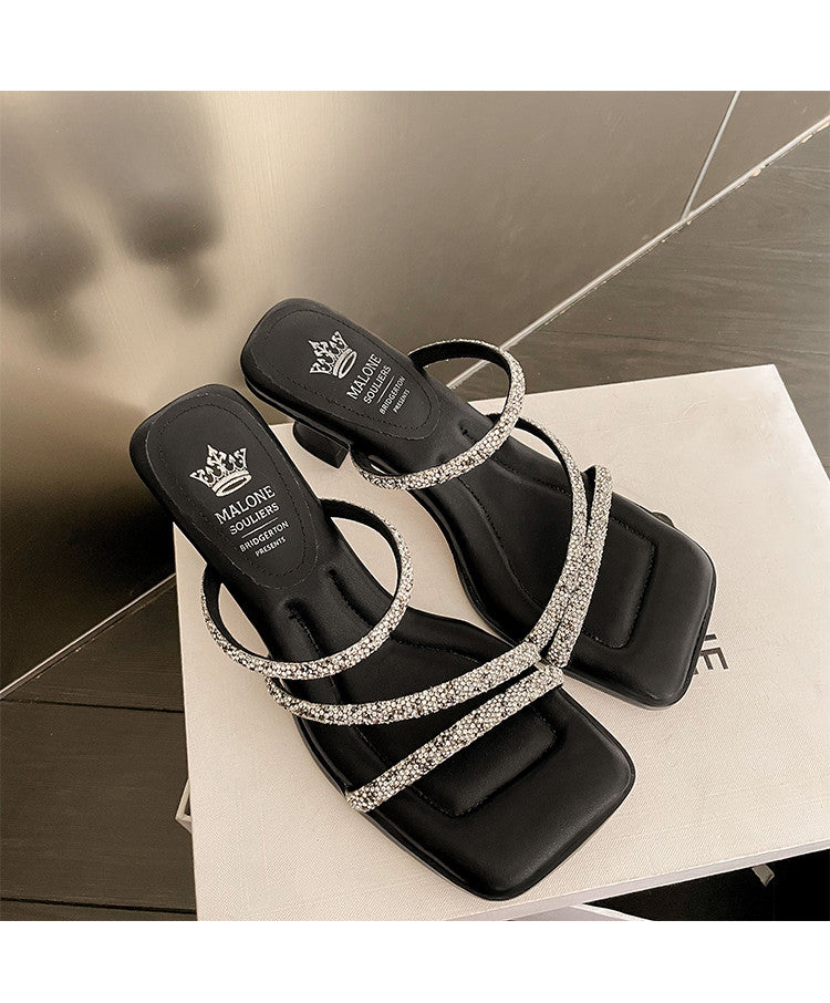Karin Luna In Stock Spot Goods  Minimalist Versatile Square Toe Rhinestone Strap Open-Toe Sandals