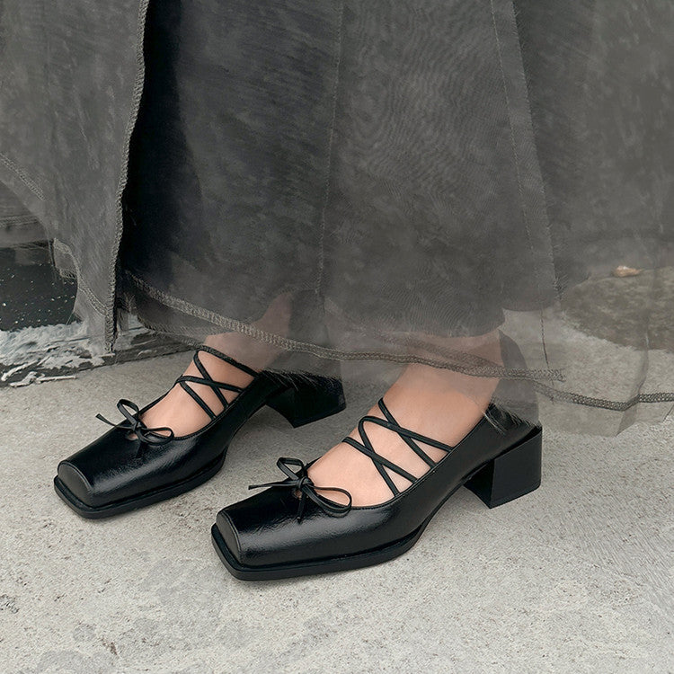 Karin Luna In Stock Spot Goods  Popular Self-flowing Bowknot Square Toe Chunky Heel Single Shoes