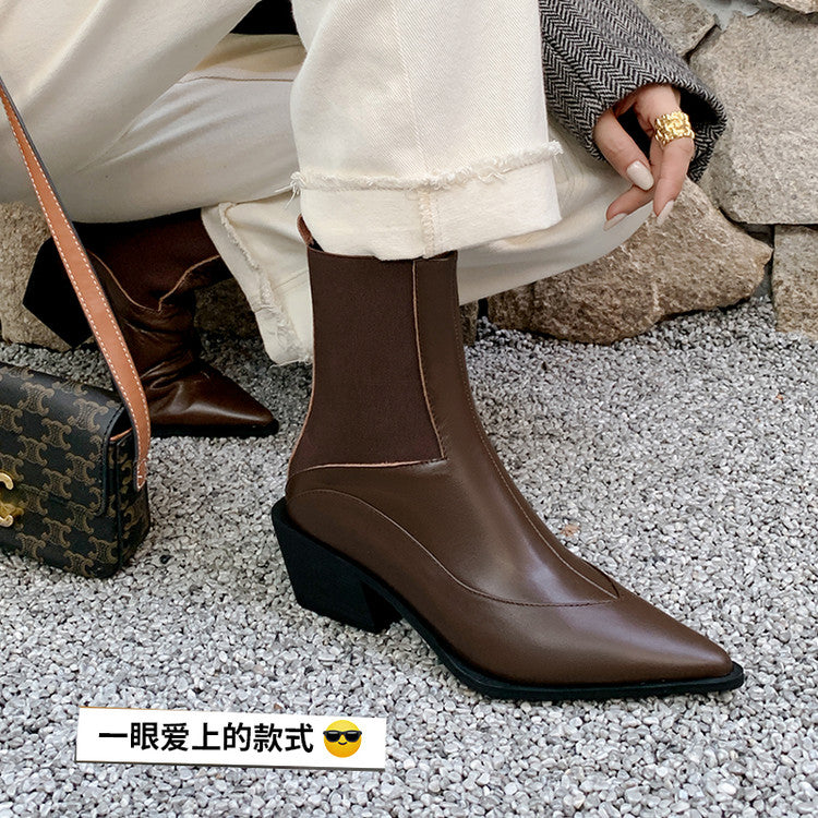 Karin Luna In Stock Spot Goods   Elegant Pointed Toe Chunky Heel Ankle Boots
