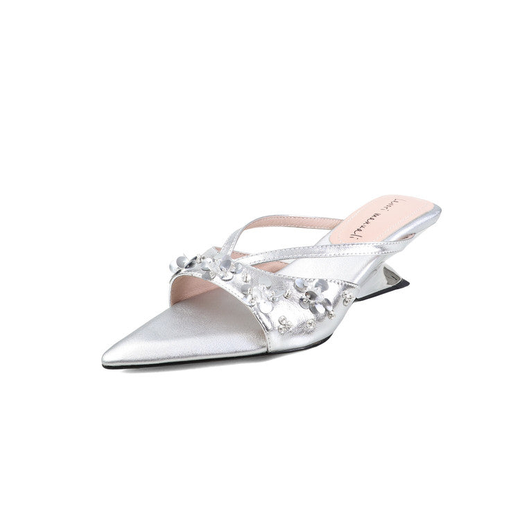 Karin Luna Bestseller Sequin Elements Elegant Pointed Toe Irregular Heel Slippers