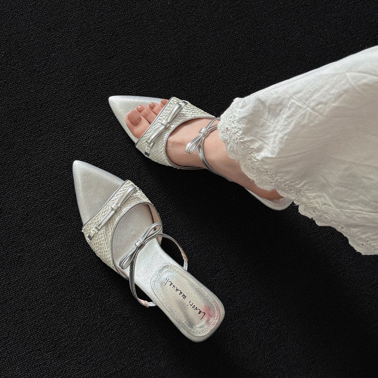Karin Luna Fish Skin Series~Pointed Toe Irregular Heel Bowknot Strap Slippers