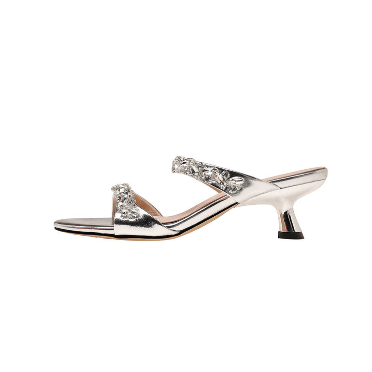 Karin Luna Exquisite Round Toe One-Strap Rhinestone Thin Heel Slippers