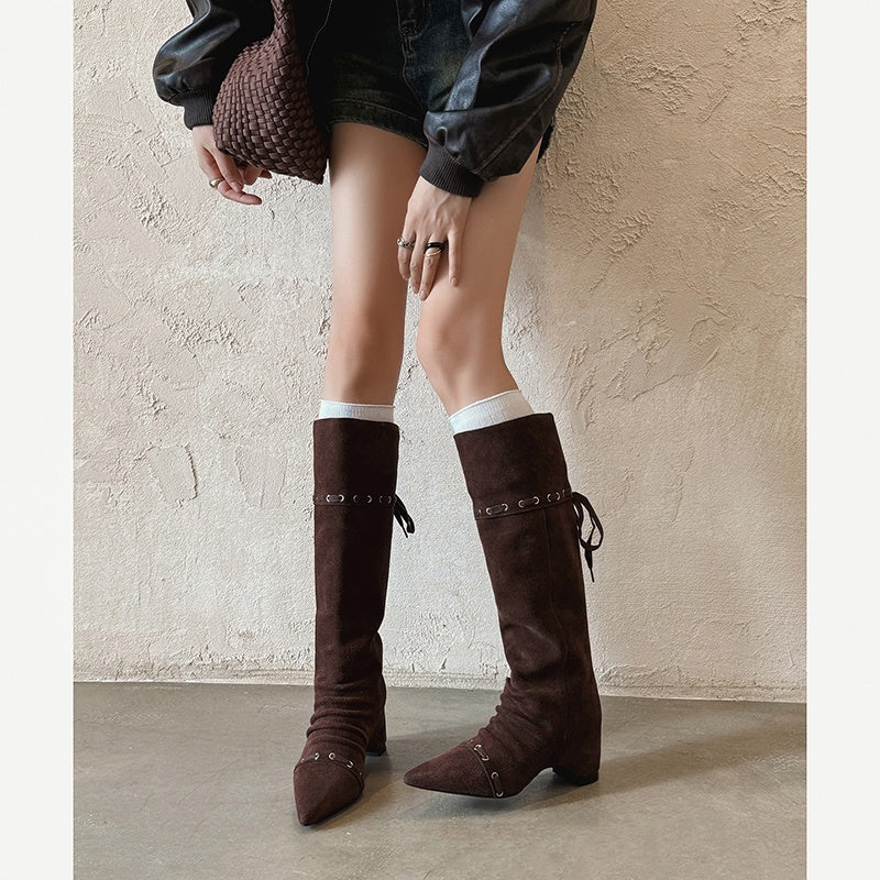 Karin Luna Elegant Style  Pointed Toe Pleated Hidden Wedge Western Boots