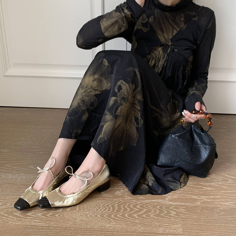 Karin Luna In Stock Spot Goods  Retro Sweet Bowknot Granny Wrinkled Single Shoes