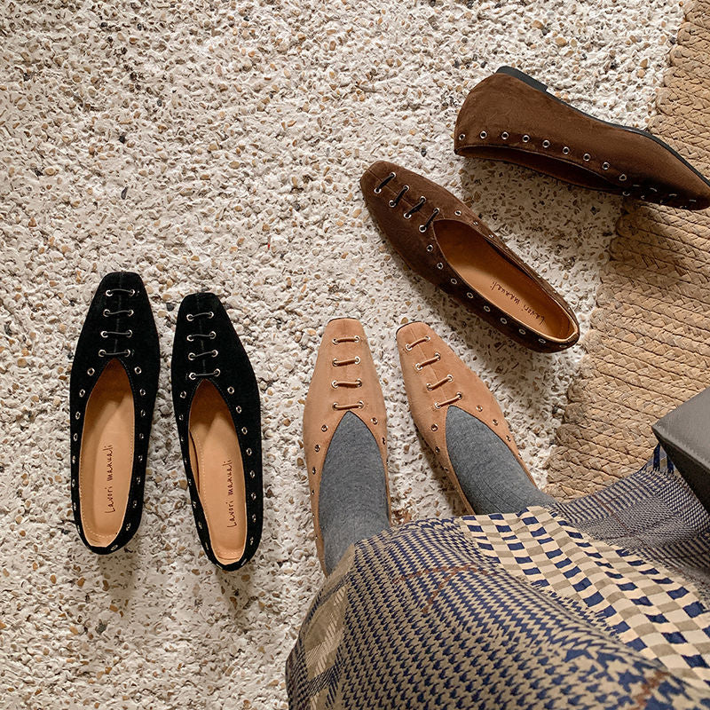 Karin Luna In Stock Spot Goods    Old Money Style Square Toe Suede Flats