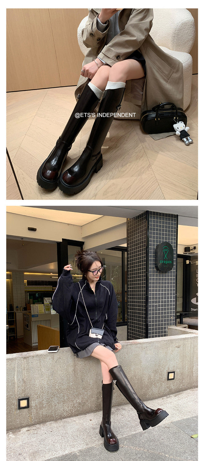 Karin Luna In Stock In Stock  Round Toe Thick Sole Belt Buckle Side Zipper Knight Boots