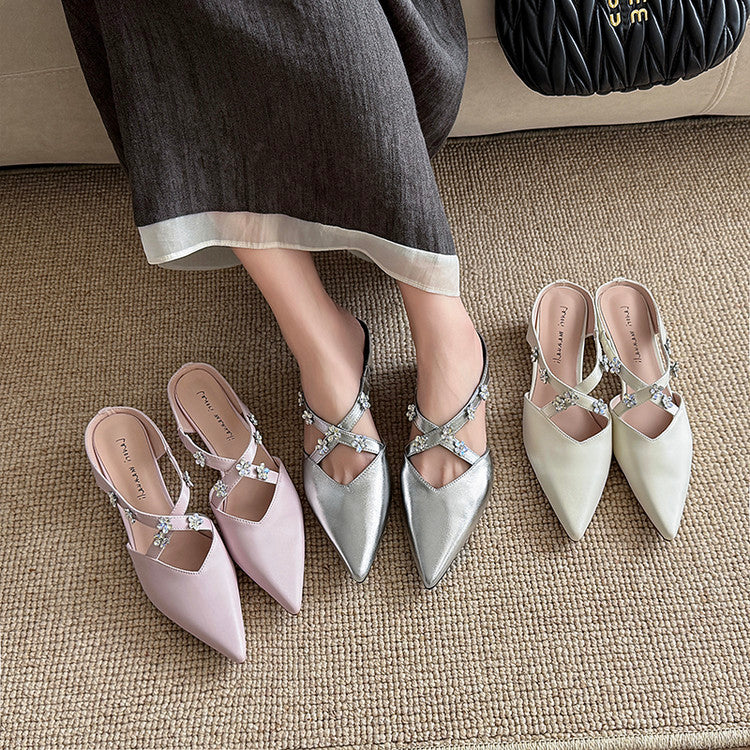 Karin Luna Elegant Pointed Toe Rhinestone Flower High Heel Mules