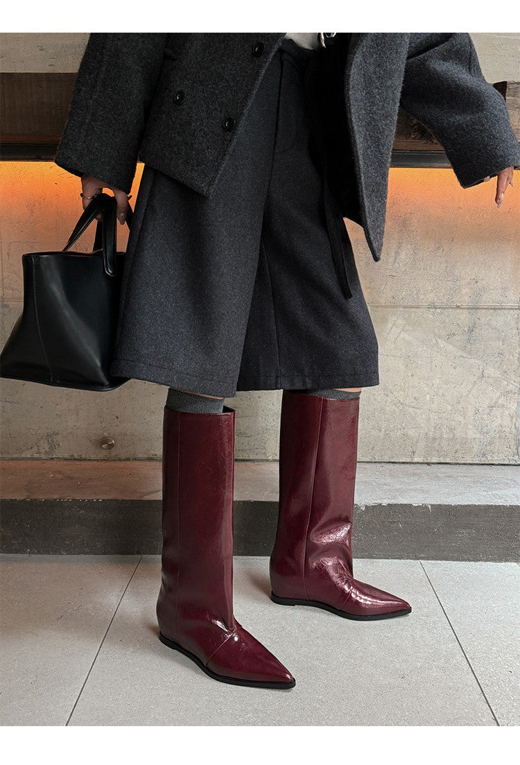 Karin Luna Elegant Style Pointed Toe Internal Height Increase Slip-On Long Boots