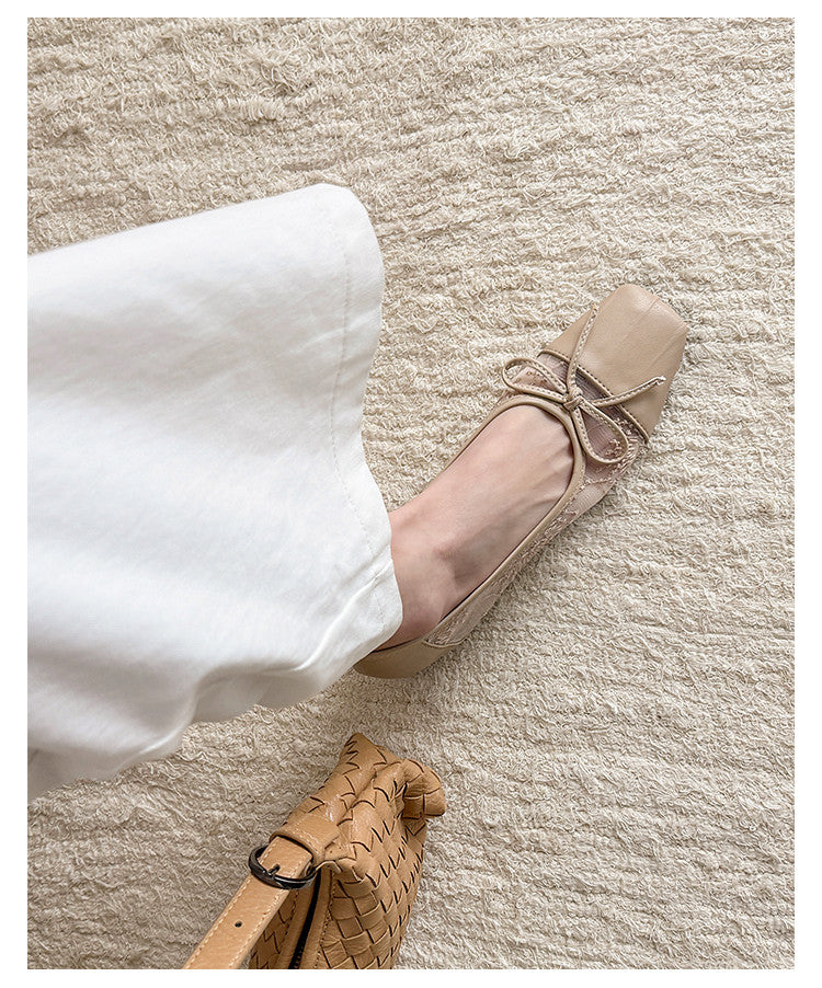 Karin Luna In Stock In Stock  Wrinkled Square Toe Patchwork Breathable Mesh Bow Granny Shoes