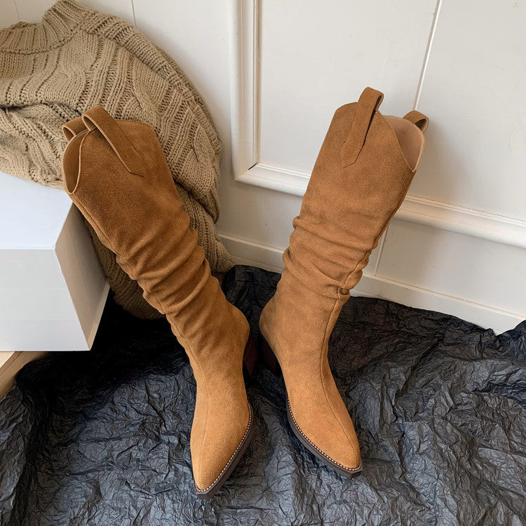 Karin Luna Elegant Style  Pointed Toe Wrinkled Wide Western Boots