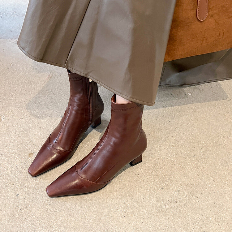 Karin Luna Elegant Small Square Toe Chunky Heel Slim Boots