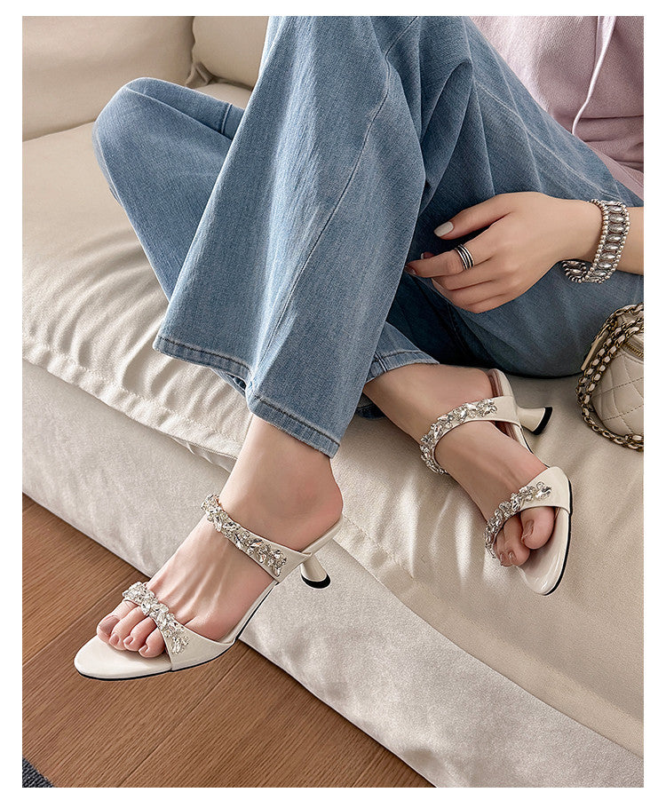 Karin Luna Exquisite Round Toe One-Strap Rhinestone Thin Heel Slippers