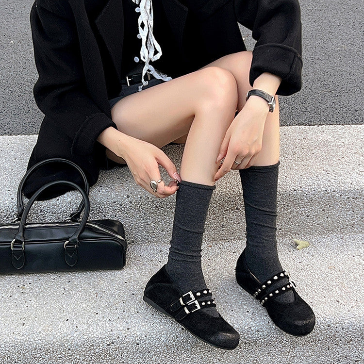 Karin Luna Hot Item Hot Item Punk Style One-Strap Round-Toe Suede Leather Height-Increasing Flats