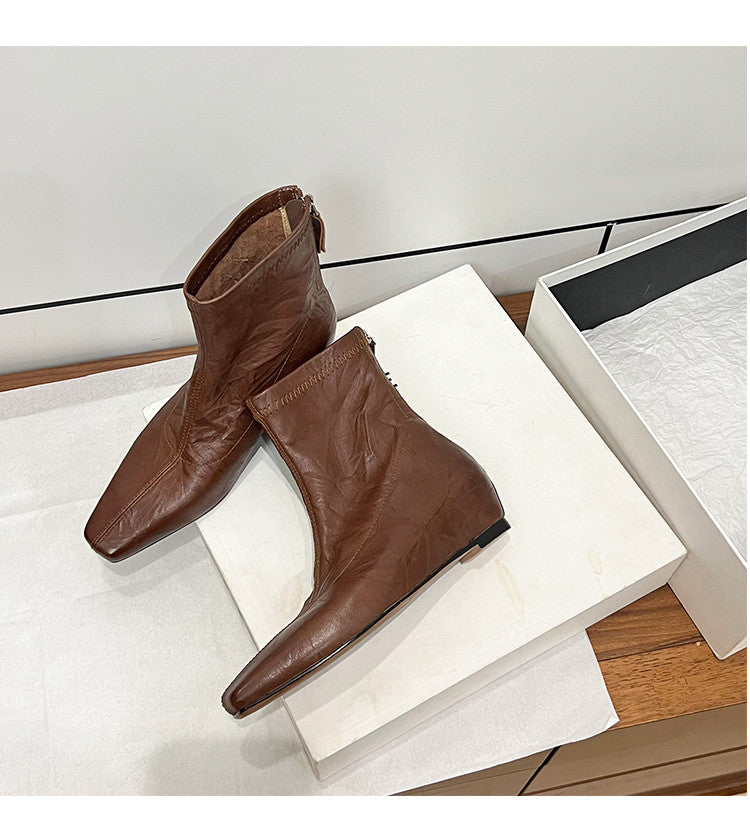 Karin Luna In Stock Spot Goods Slim Series  Hidden Wedge Small Square Toe Back Zipper Short Boots