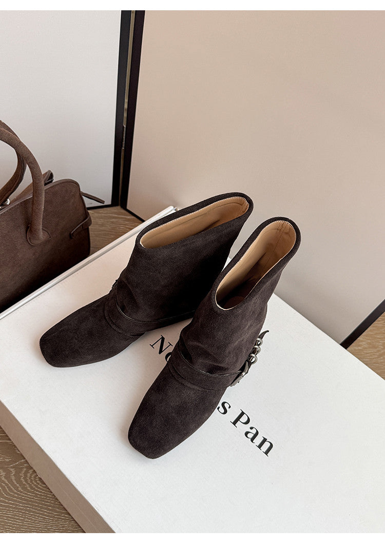 Karin Luna Data Hot Item Square Toe Hidden Wedge Belt Buckle Suede Ankle Boots