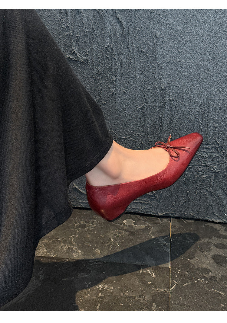 Karin Luna Full Layer Inside and Out~Basic Versatile Small Square Toe Butterfly Knot Irregular Heel Single Shoes