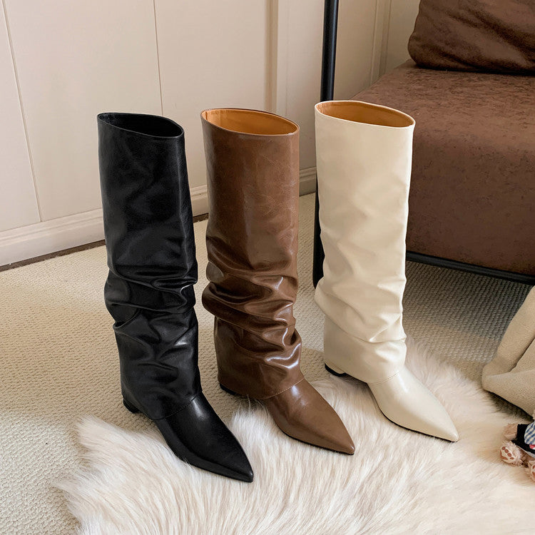 Karin Luna Elegant Style Pointed Toe Hidden Wedge Long Boots
