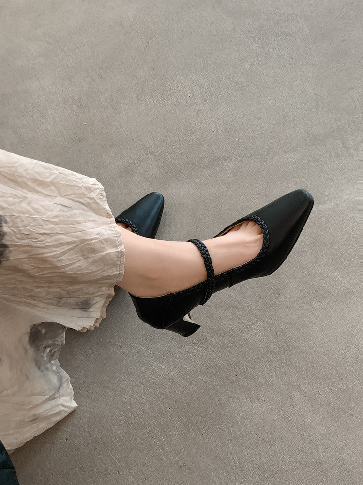 Karin Luna Braided Element Design Chunky Heel Square Toe Single Strap Shoes