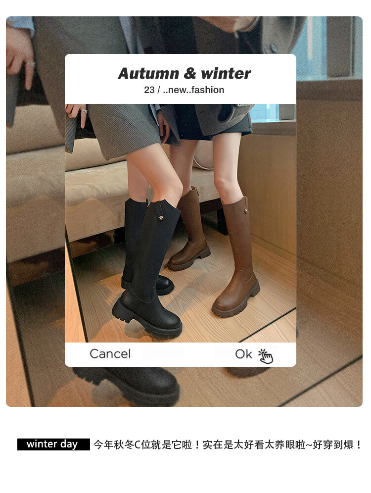 Karin Luna Hot-Selling In Stock   Basic Casual Hot-Selling Round-Toe Long Boots Full Cowhide Leather Long Boots Flat Bottom Hot Sale