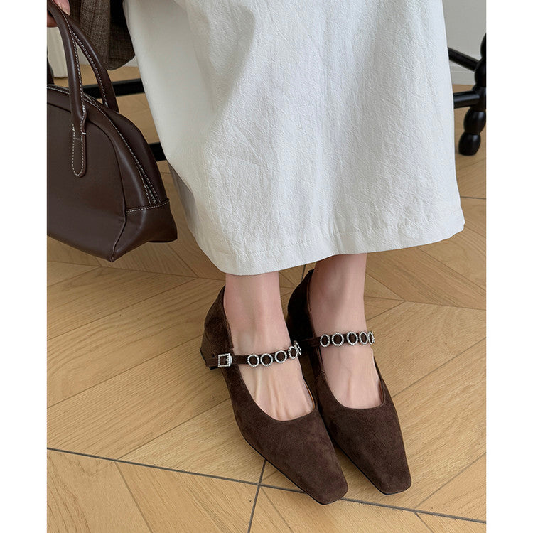 Karin Luna In Stock Spot Goods  Vintage Full Leather Square Toe Rhinestone Strap Shallow Mouth Single Shoes