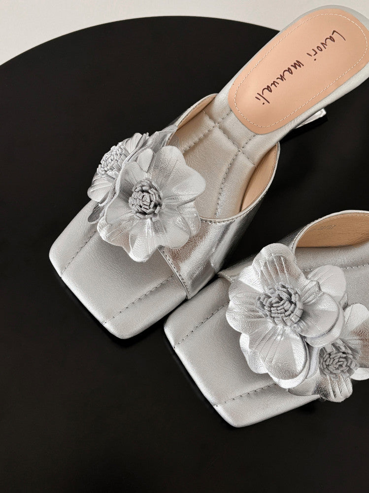 Karin Luna In Stock Spot Goods Camellia Classic style retro square toe shaped heel slippers